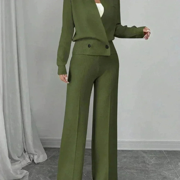 Green Elegant Women's Loose Long Sleeve Crew Neck  Knit Sweater & Suit Pants Set - Picture 4 of 8
